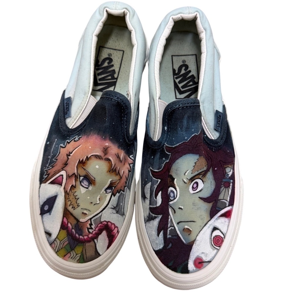 Vans Custom Demon Slayer Sabito Tanjiro Hand Painted Anime Slip On Shoes‎ Blue